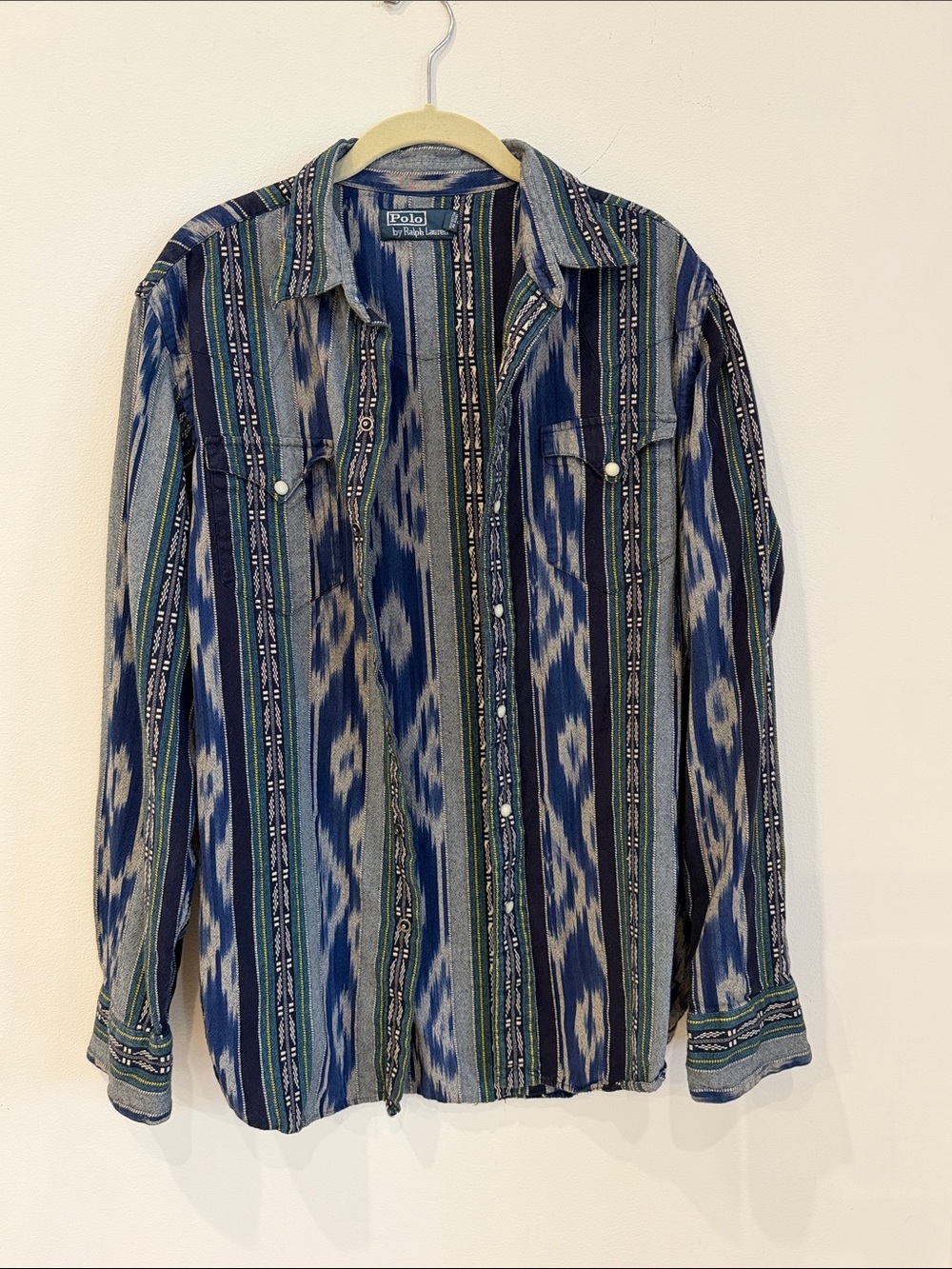 Polo by Ralph Lauren Blue, Navy & Green Ikat Stripe Western Shirt
